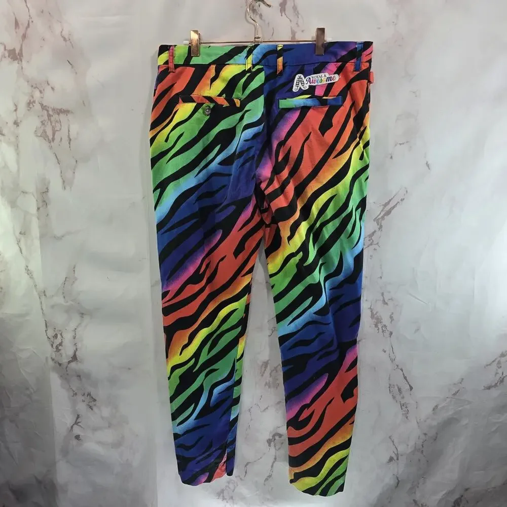 Royal Awesome Pants Mens 36 X 30 Zebra Tiger Rainbow Chino Pride Neon